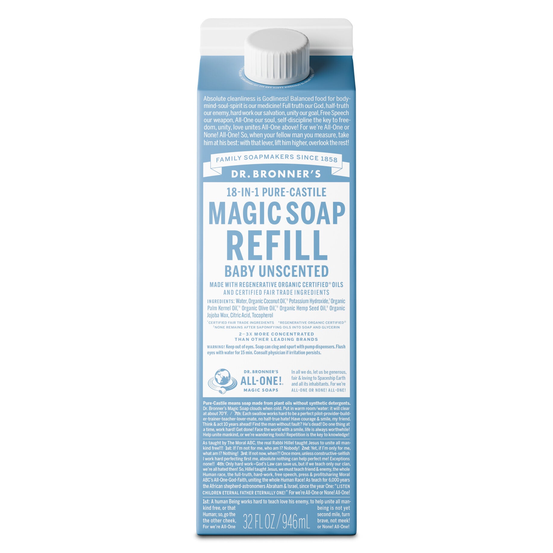 dr-bronners-pure-castile-liquid-soap-carton-32oz-baby-unscented-1-us_1 Unscented - Pure-Castile Magic Soap Refill - Image 1